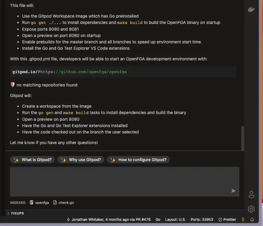 Sourcegraph Cody Result for Can you help me writing a gitpodyml file for this? in context of OpenFGA Repository