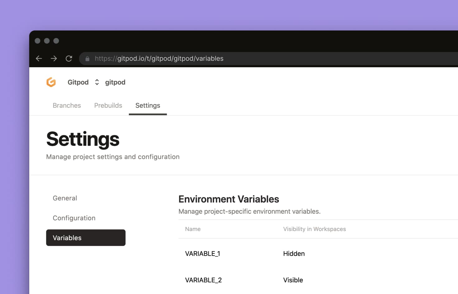 Gitpod Dashboard Settings Tab overview