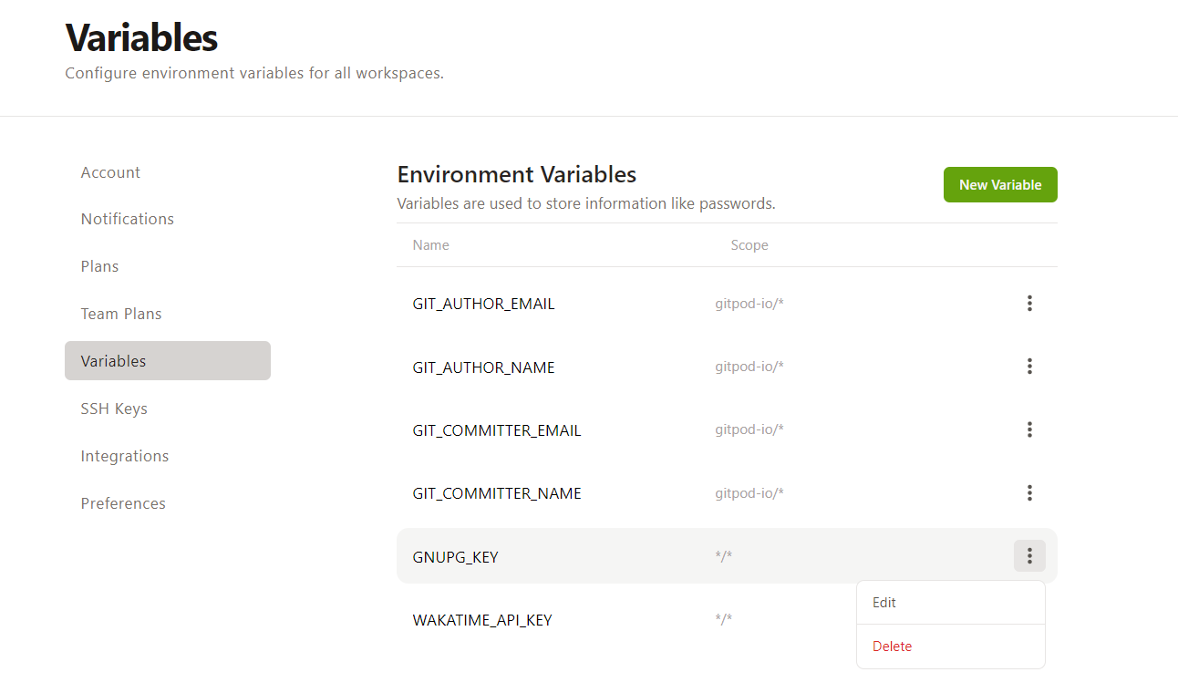 Environment Variables in Account Settings