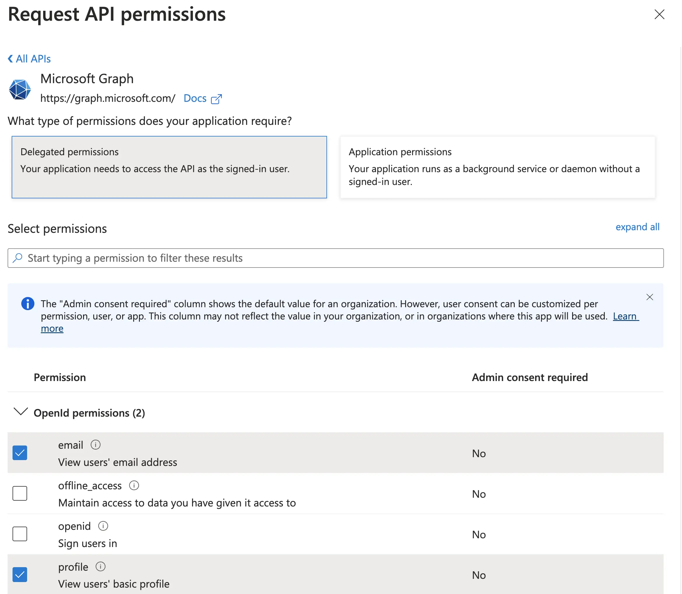 Request API Permissions - Azure AD Dashboard