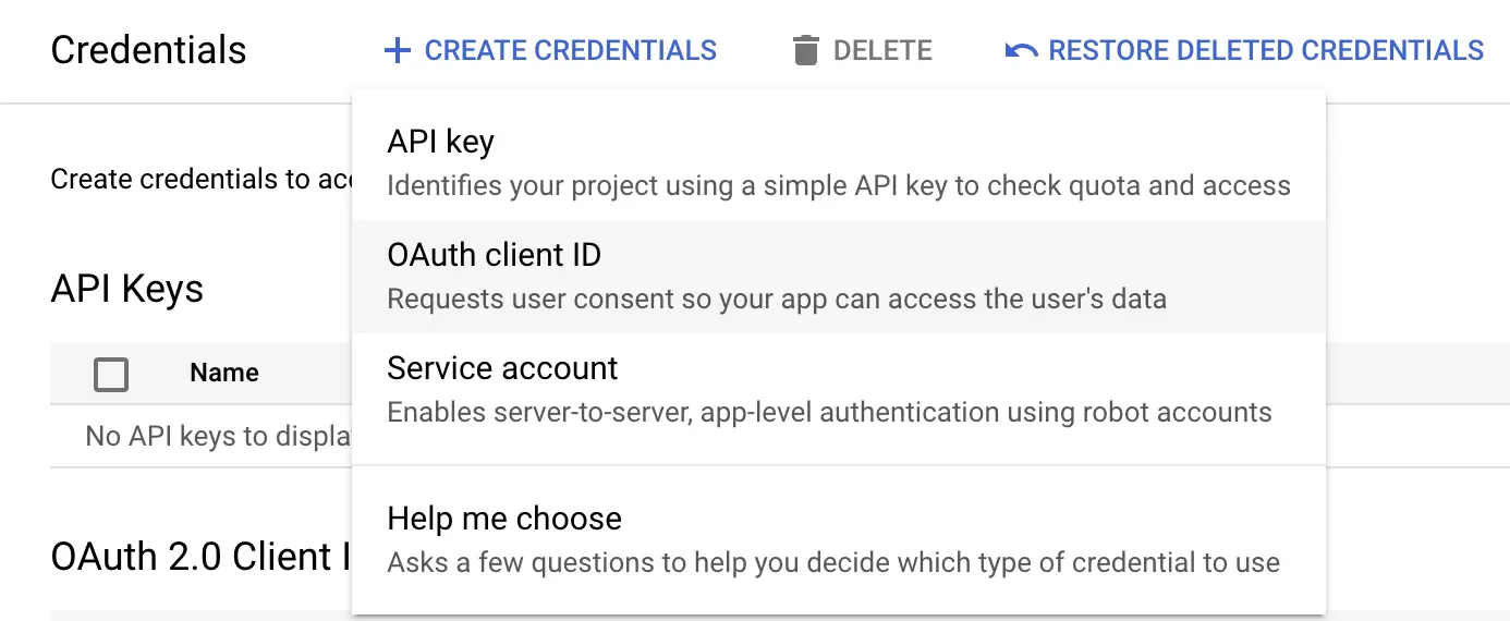 Create credentials - Google Cloud Dashboard