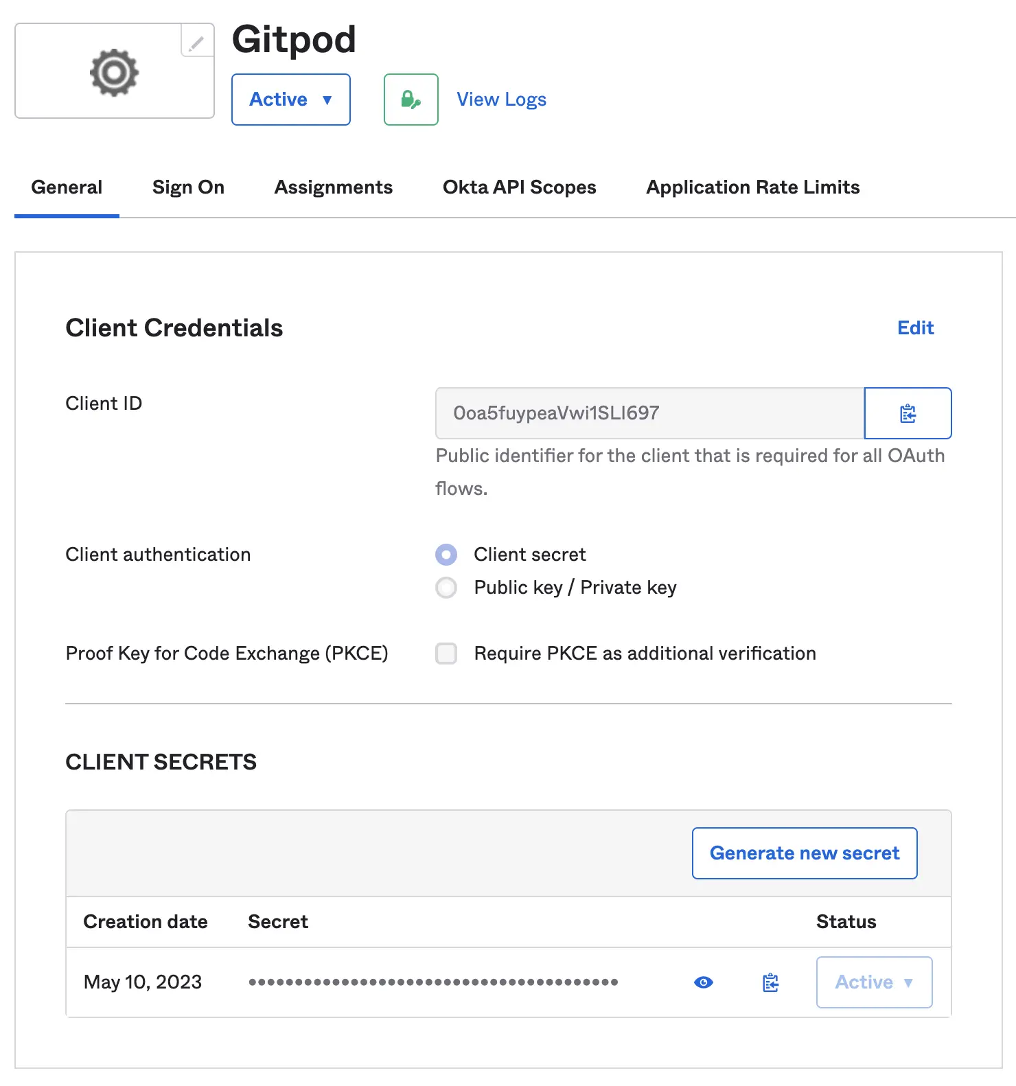 Configure Client Secrets - Okta Dashboard