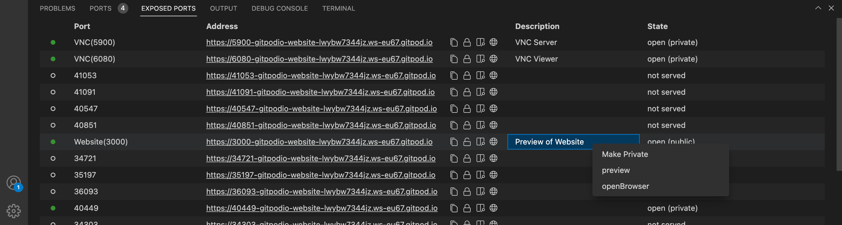 The EXPOSED PORTS view in VS Code Desktop with a single port's actions