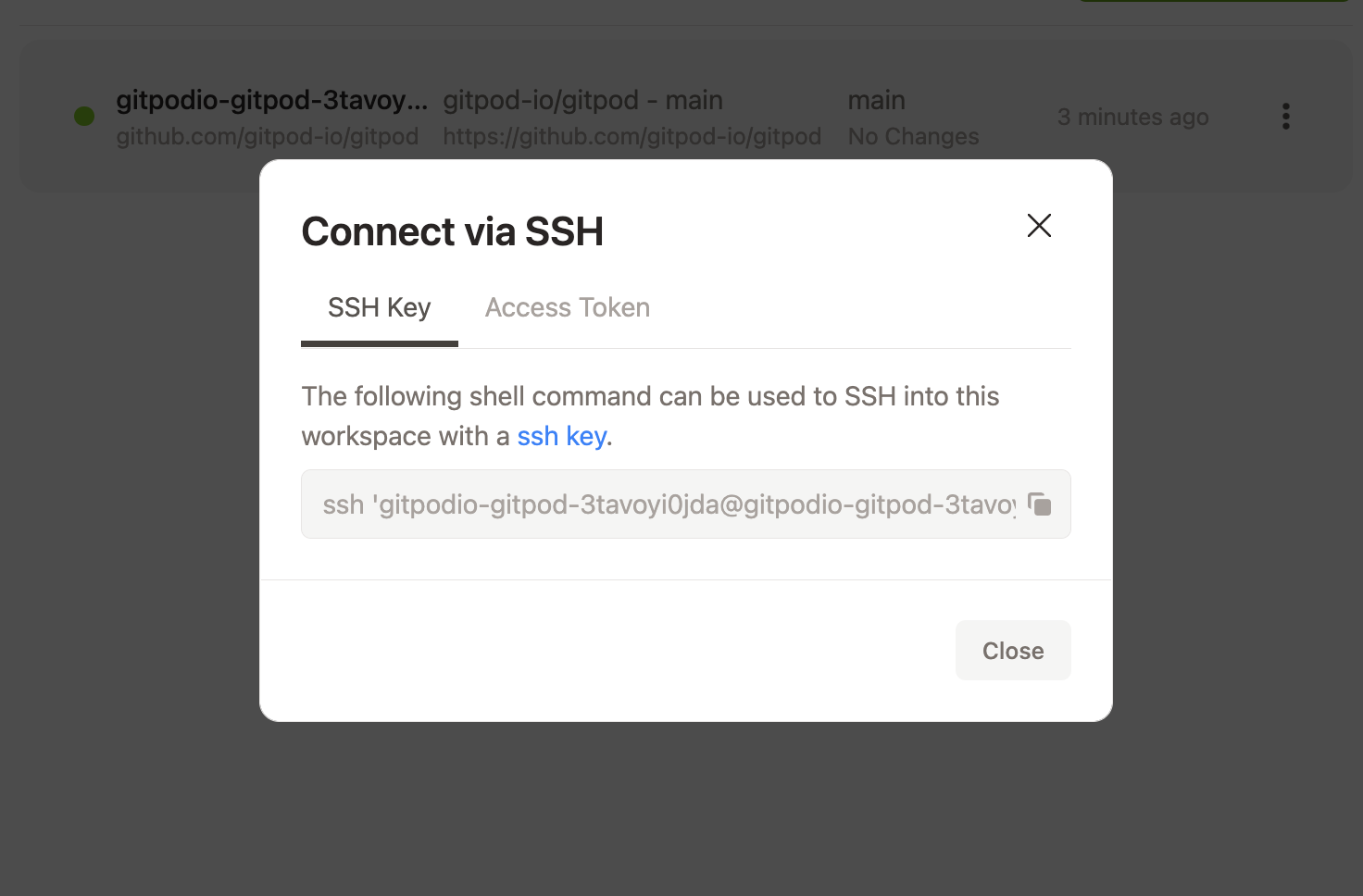 Copy SSH key from modal