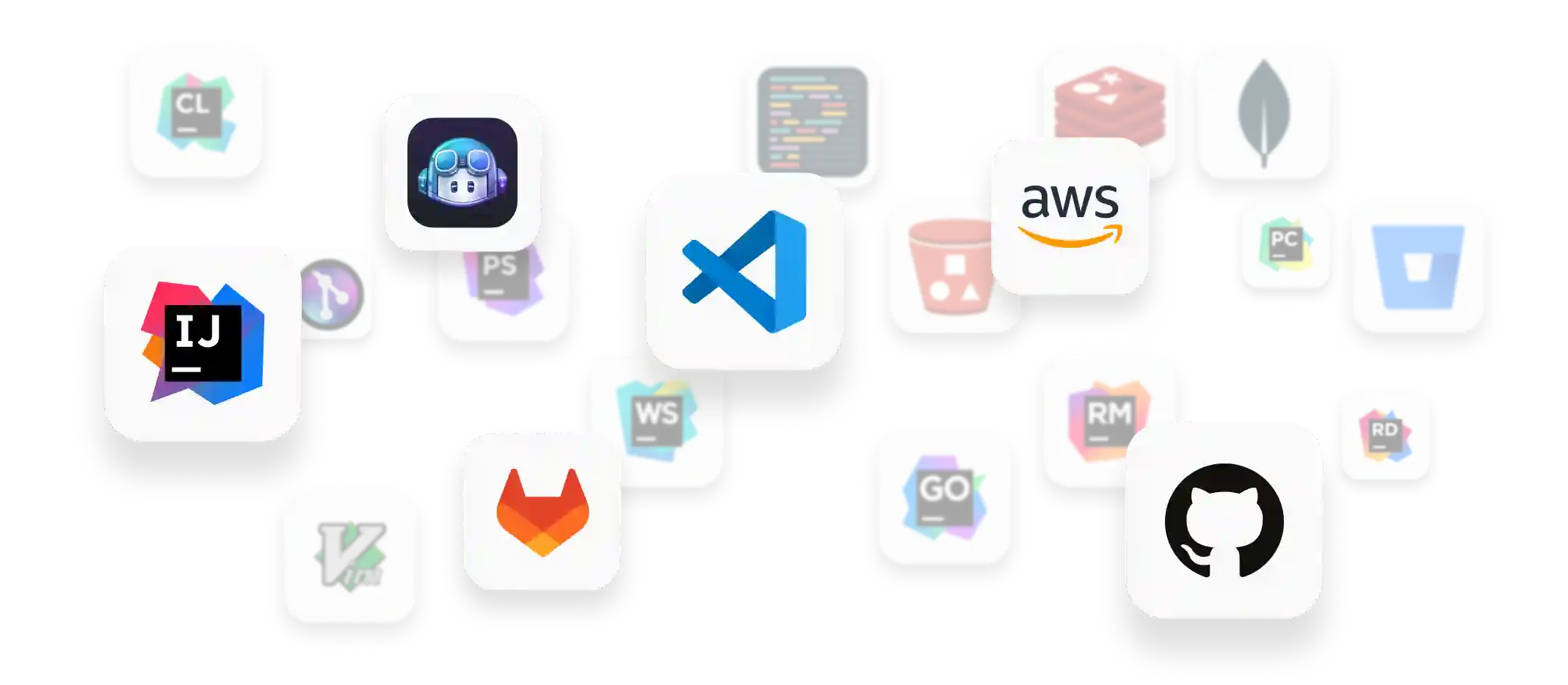 Logo's for various products with Gitpod integrations like Vim, IntelliJ, VSCode, Copilot, AWS, GitHub, GitLab, Redis, Prettier, Bitbucket, and many more.