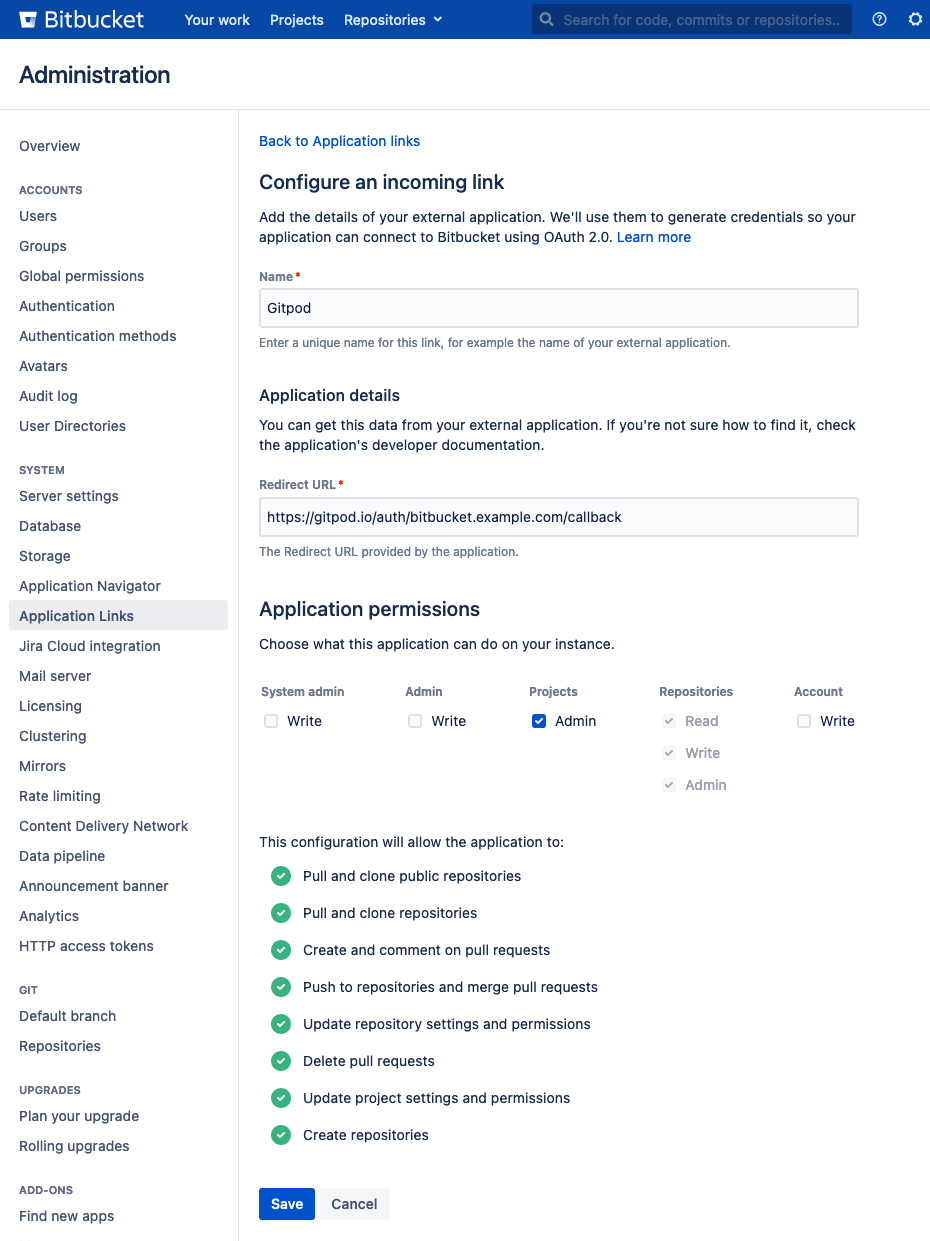 Bitbucket Server configure OAuth2 application link