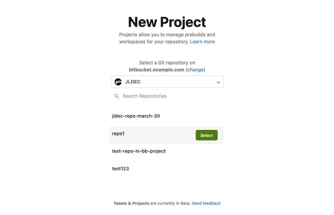 New project select Bitbucket Server repo