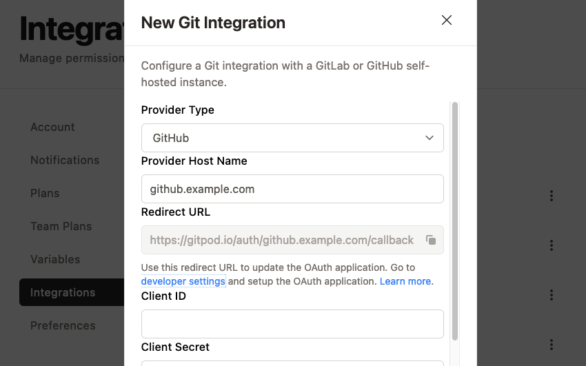 Gitpod New Git Integration form