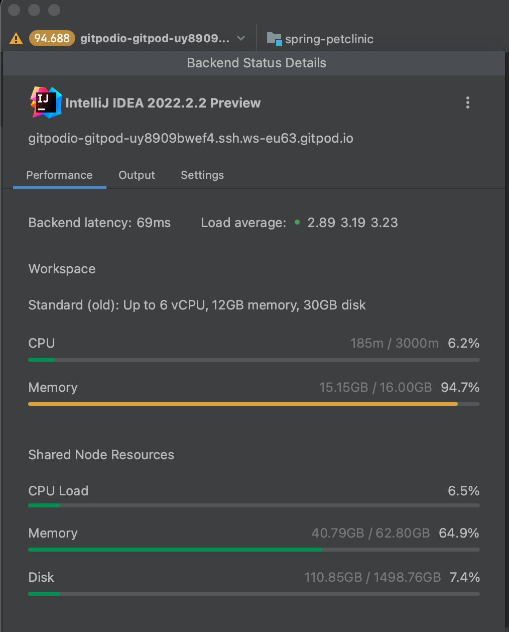 The Backend Control Center in JetBrains showing workspace class information (e.g. 6 vCPU, 12GB memory)